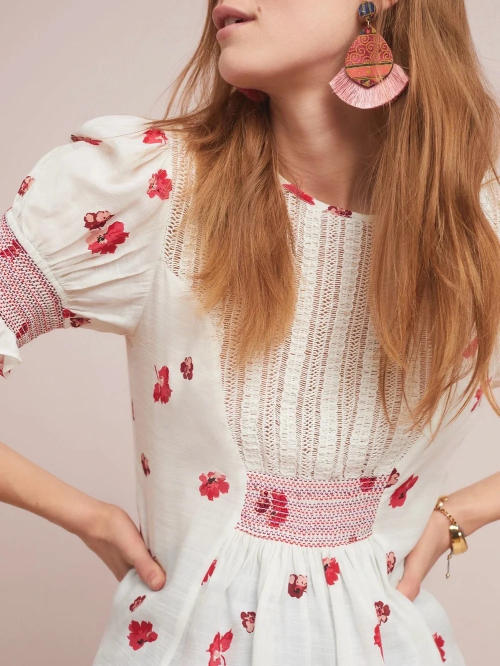 Anthropologie White Peasant Blouse with Red Floral Print